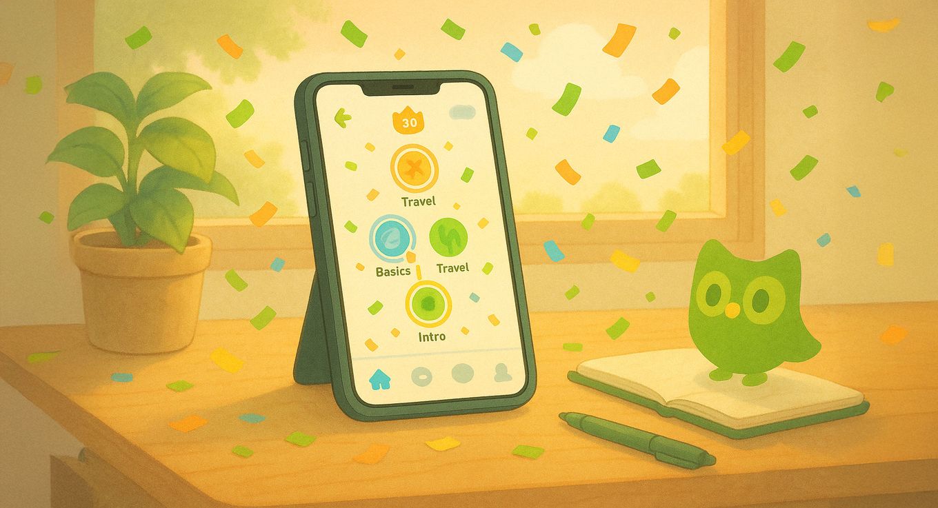 A warm editorial scene with a phone showing a language-learning path, a green owl figure, a notebook, and celebratory confetti.