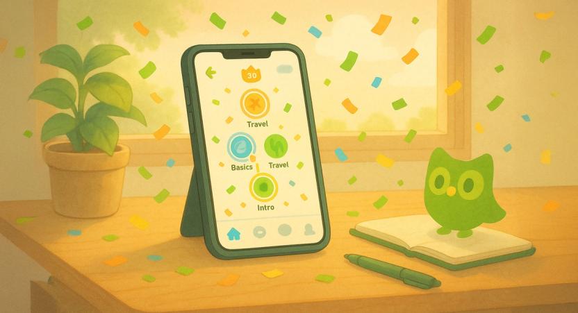 A warm editorial scene with a phone showing a language-learning path, a green owl figure, a notebook, and celebratory confetti.