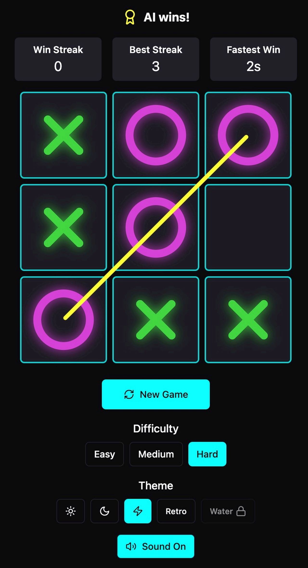 Tic Tac Tile AI win screen in the neon theme