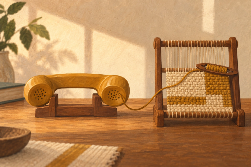 An ochre telephone handset rests on a wooden cradle beside a small loom, with a golden thread connecting it to unfinished cream and mustard cloth.