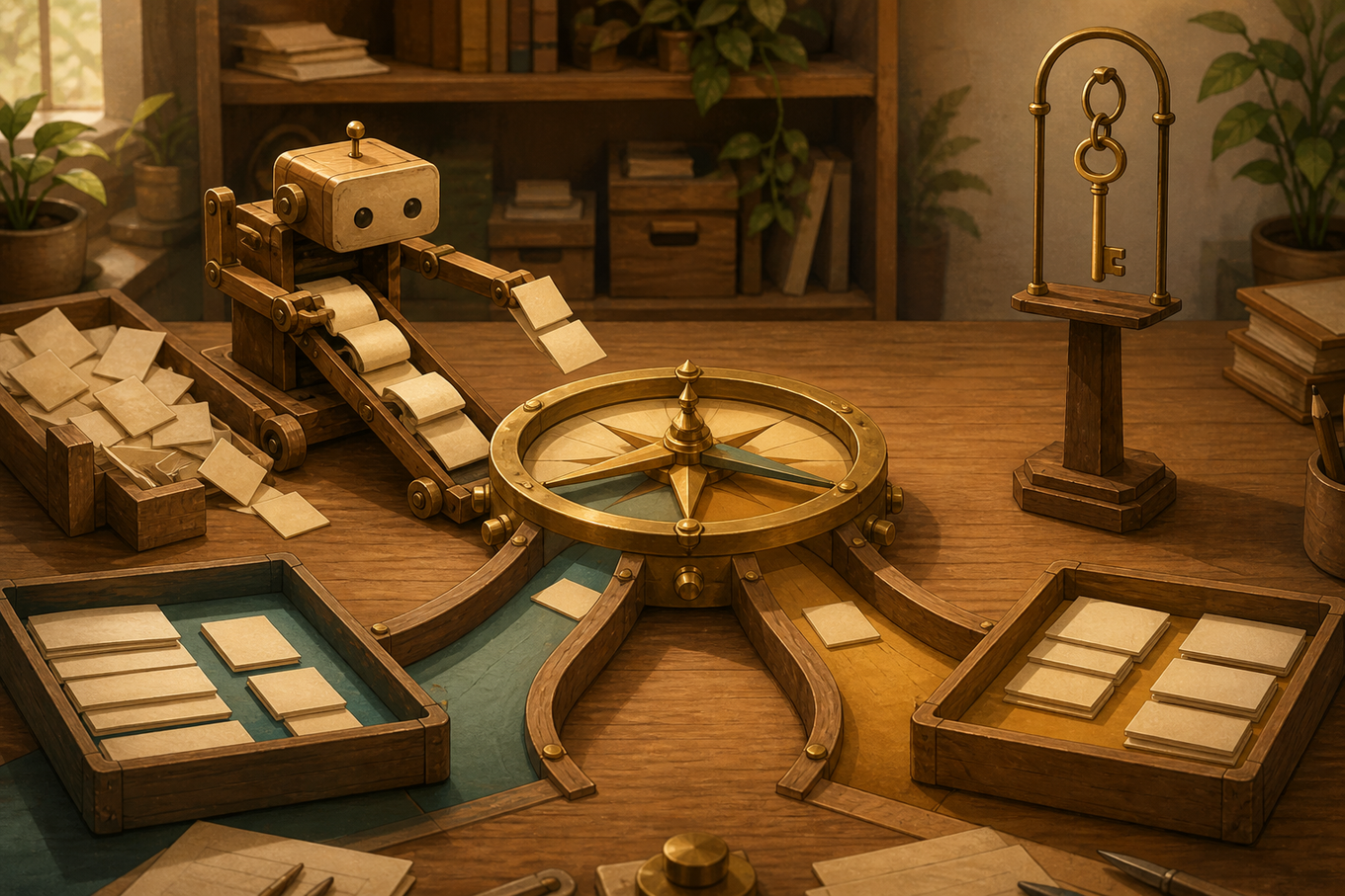 A small wooden robot sorts blank task cards beside a brass compass, while a large key stands apart from the work.