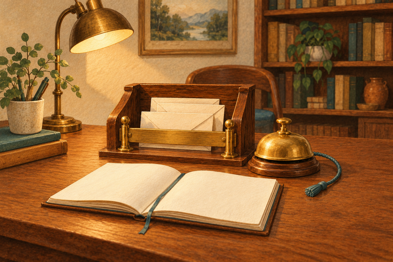 A lowered brass barrier holds blank envelopes in a wooden tray beside a silent bell and an open notebook in a warmly lit study.