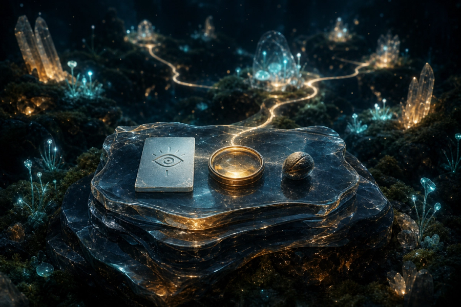 Three evidence artifacts linked through a glowing mineral habitat from a translucent obsidian fieldbook altar.