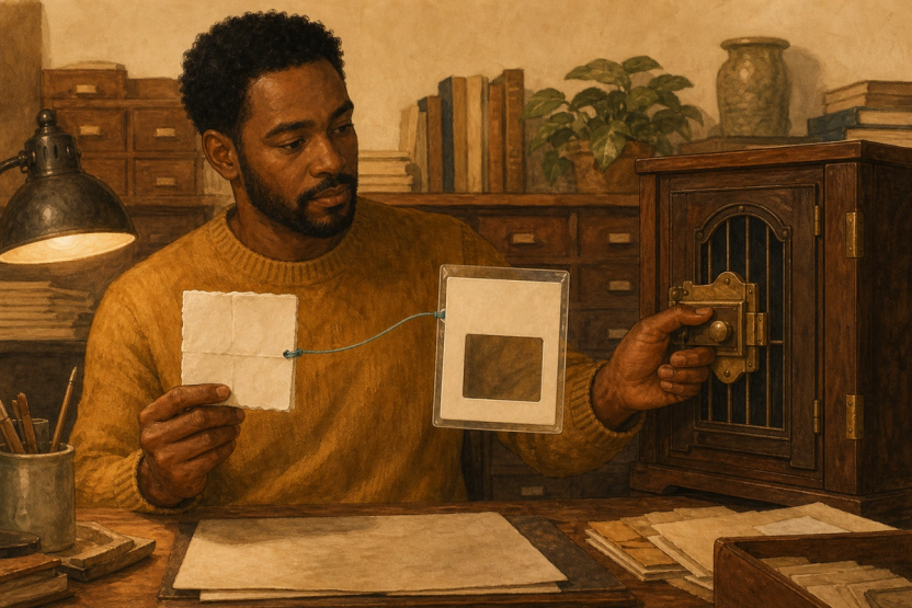 A product builder connects a rough paper note to a clear evidence sleeve while holding the brass latch on a personal archive.
