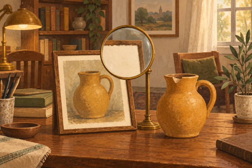 A brass magnifying glass examines the blank corner of a painted jug picture beside a chipped ochre jug in a warmly lit study.