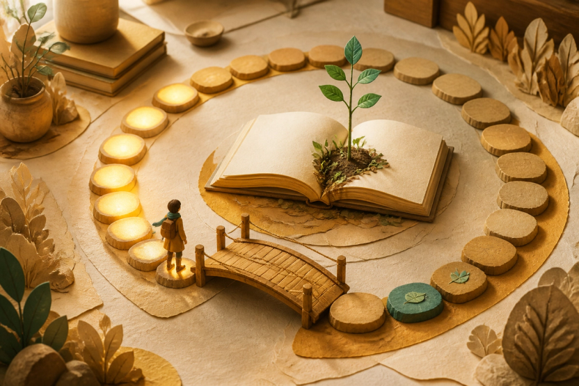 A traveler crosses a small bridge onto a circular learning path around an open book and a growing sapling.