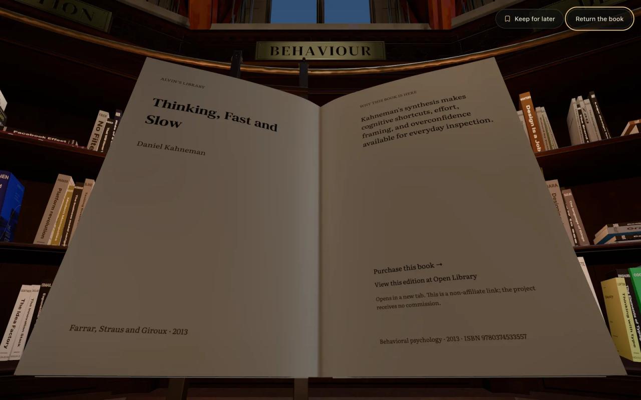 Thinking, Fast and Slow opened in the reading view, with why it is on the shelf and where to find the edition.
