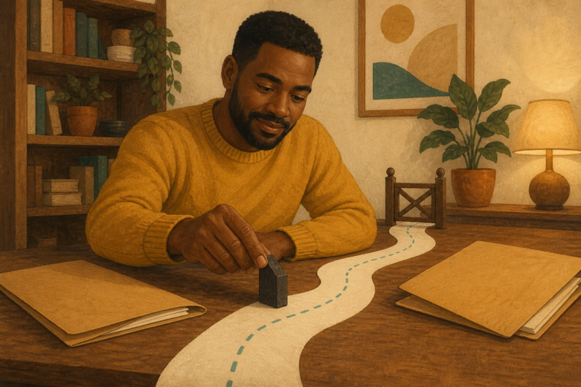 A product builder rests a small charcoal block on a winding paper path between two open folders on his desk, pausing the route to a little wooden gate under warm lamplight.