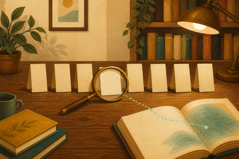 Eight upright paper answer cards stand confidently on a reading desk while a brass magnifying glass reveals the blank back of one, a teal thread tracing to an open book under lamplight.