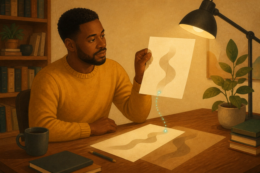 A product builder holds a sheet of paper to the lamplight to compare its faint curve with a second sheet on his desk, the two linked by a thin teal thread in a warm study.