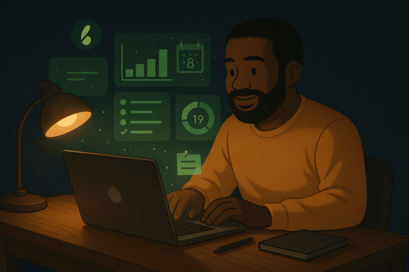 A product builder working at night with a laptop beside achievement, calendar, and progress panels for Bragora.