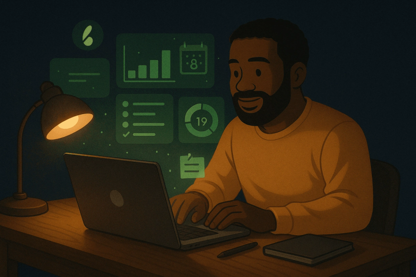 A product builder working at night with a laptop beside achievement, calendar, and progress panels for Bragora.