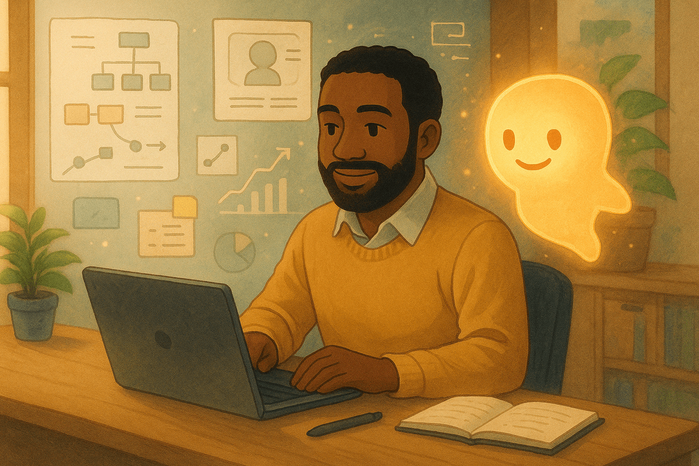 A product builder working with a glowing AI assistant beside product flows, research notes, and an outcome chart.