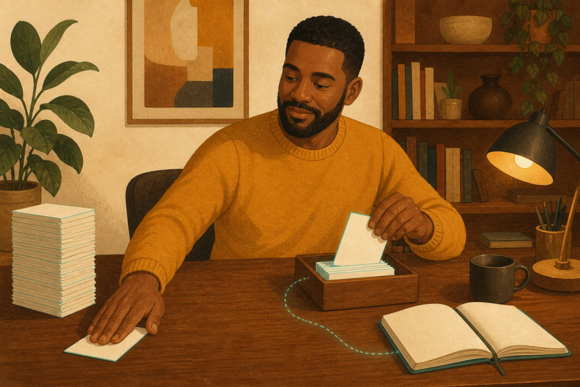 A product builder in a mustard sweater gently slides one paper card back across his desk while accepting another into a wooden tray, a tall stack of requests waiting beside the lamp in his warm study.