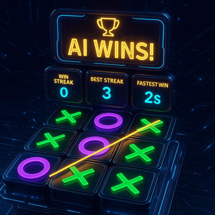 Neon Tic Tac Tile game board with an AI win state