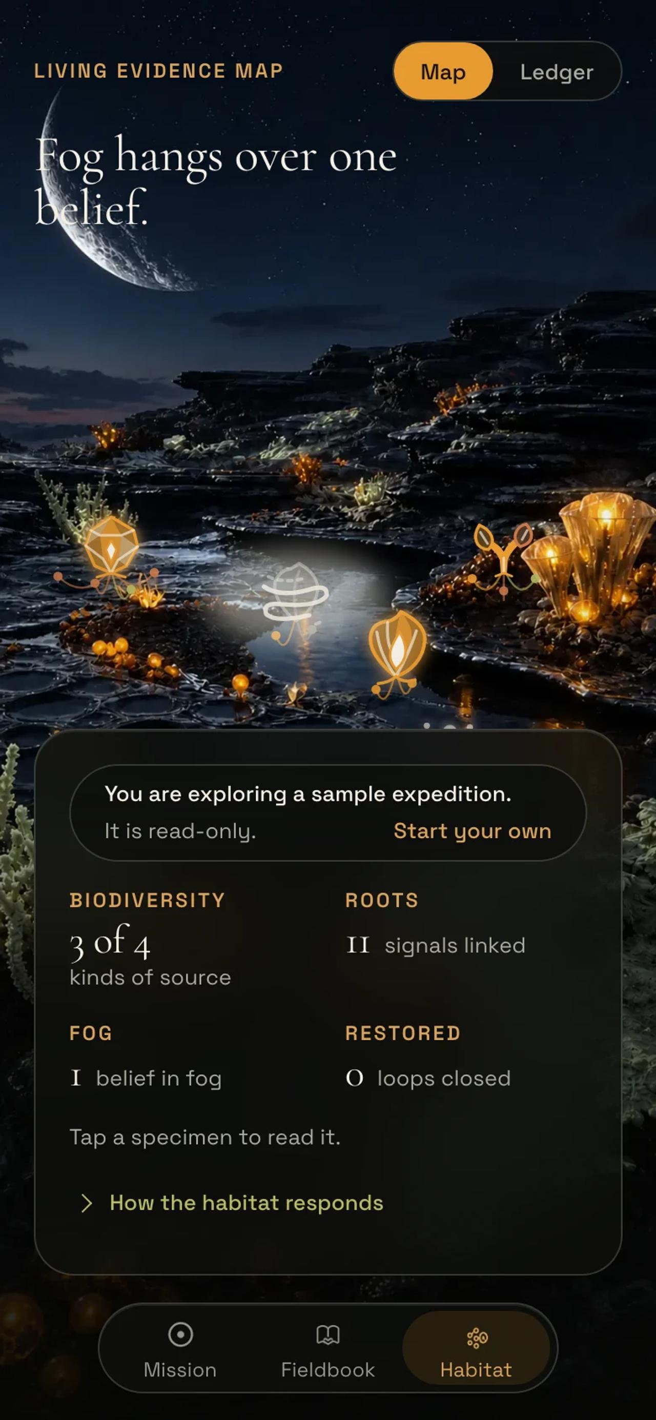 The habitat map: beliefs as specimens on the terrain, with fog over one held on thin support.