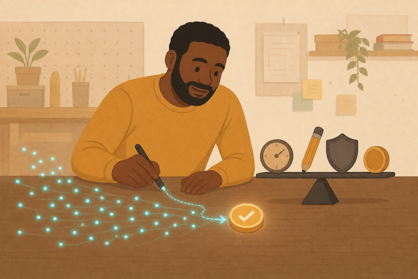 A product manager tracing a path from many glowing usage dots to one completed outcome, with cost and risk weights beside the path