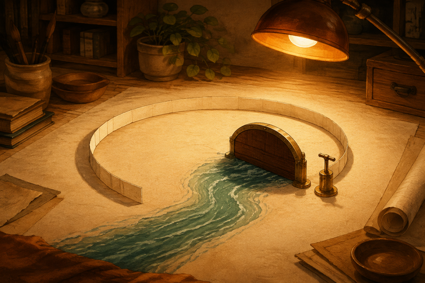 A teal current slips past a loose paper circle but stops at a solid brass and wood gate on a warm cream worktable.