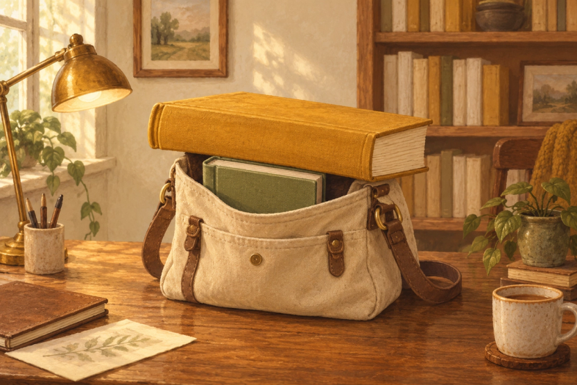 An oversized ochre book rests across the opening of a small canvas reading bag, while a slim olive book fits inside, on a wooden desk in a warmly lit study.