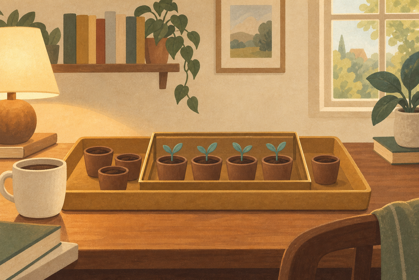 A brass frame encloses sprouted seed pots inside a larger wooden nursery tray that also holds unsprouted pots in a lamplit study.
