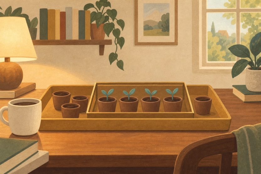 A brass frame encloses sprouted seed pots inside a larger wooden nursery tray that also holds unsprouted pots in a lamplit study.