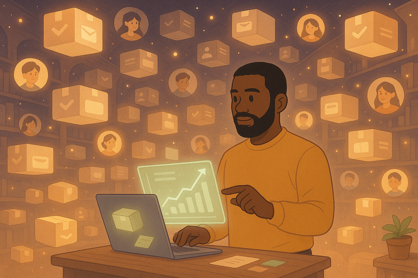 A product builder examining a growth chart while customer and product blocks move through a warm, grainy workspace.