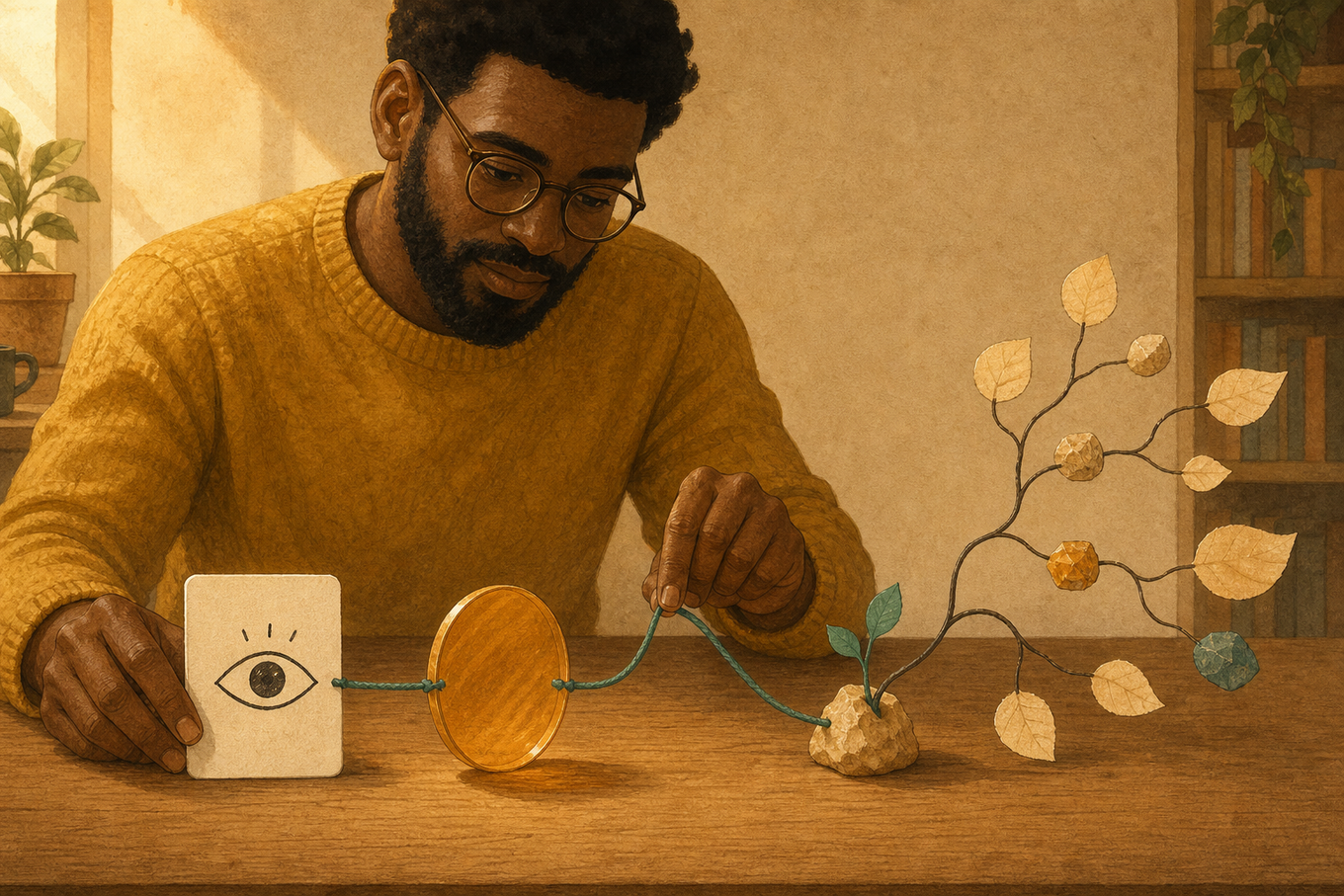 A product builder links an observation card through an interpretation lens to a branching assumption seed.