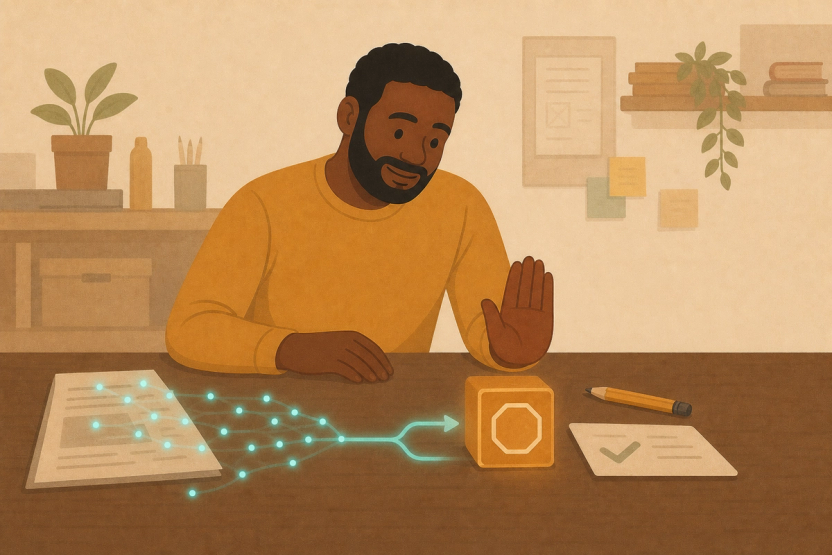A product builder raises one hand beside a glowing AI path while source pages, a forked route, and a corrected card represent evidence, uncertainty, stopping, and recovery.