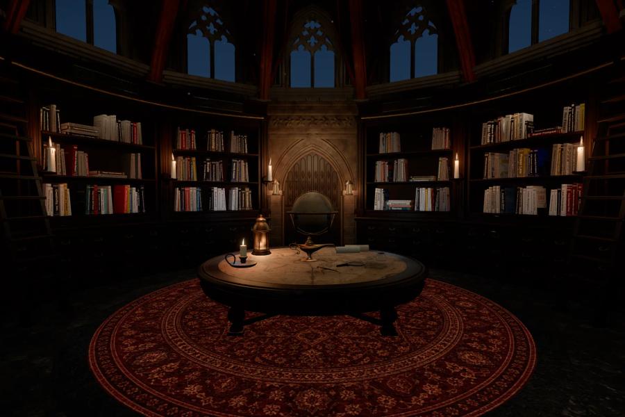 The Rotunda of Alvin’s Library at night: a round room of bookcases, ladders and candles around a chart table with a brass lamp.