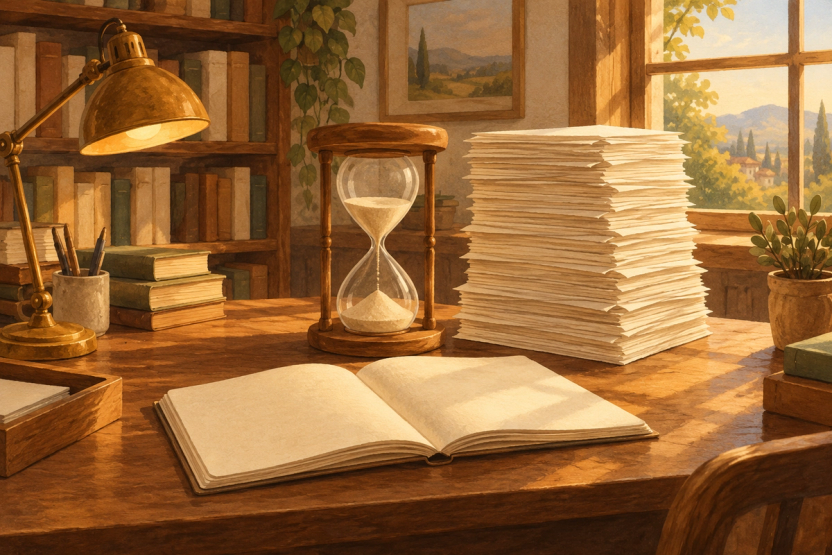 A wooden hourglass and an open blank folio sit beside a tall stack of papers on a warmly lit desk.