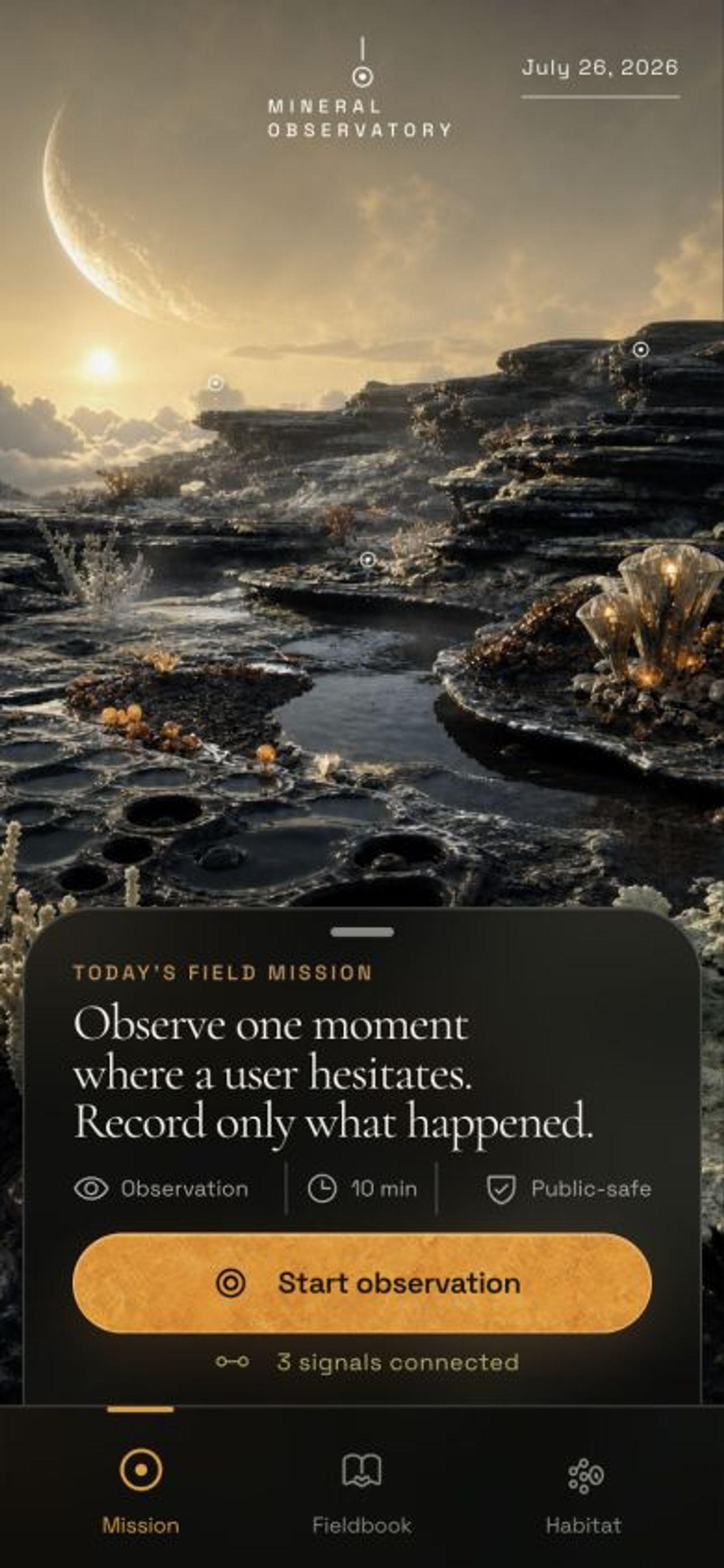 Living Fieldbook mission screen inviting the user to gather one signal from the real world.