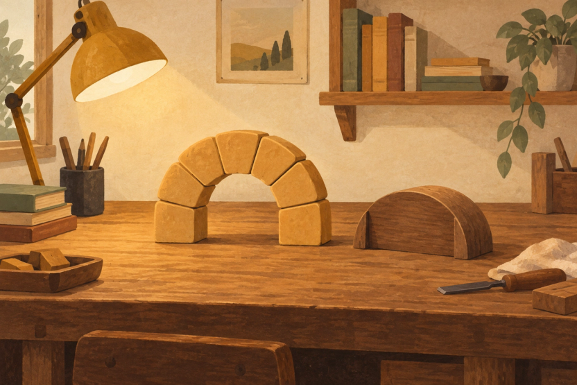 A small ochre block arch stands on a wooden workbench, with its curved support form set aside in a warmly lit study.