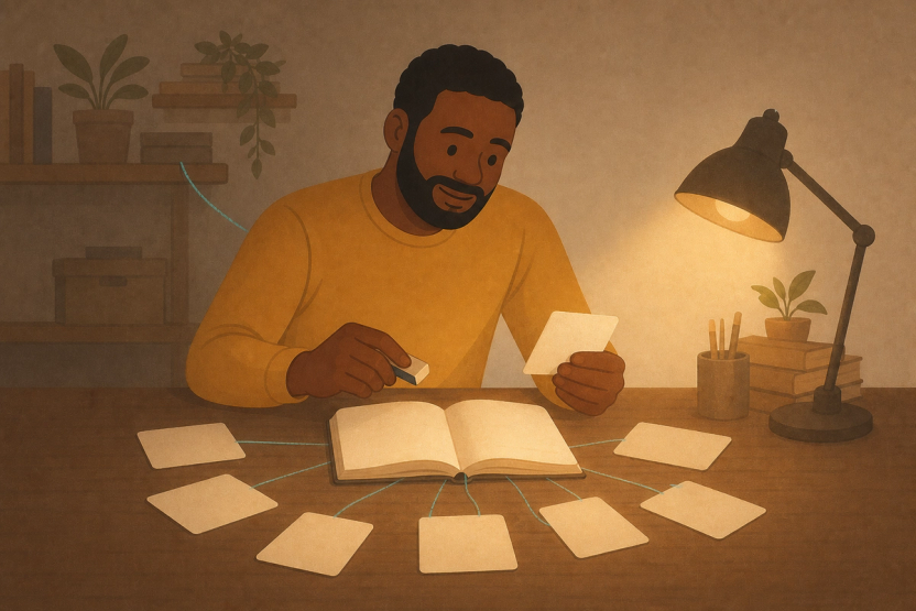 A product builder reviews memory cards linked by teal threads to an open journal, with an eraser nearby and one trail fading toward a shadowed shelf.