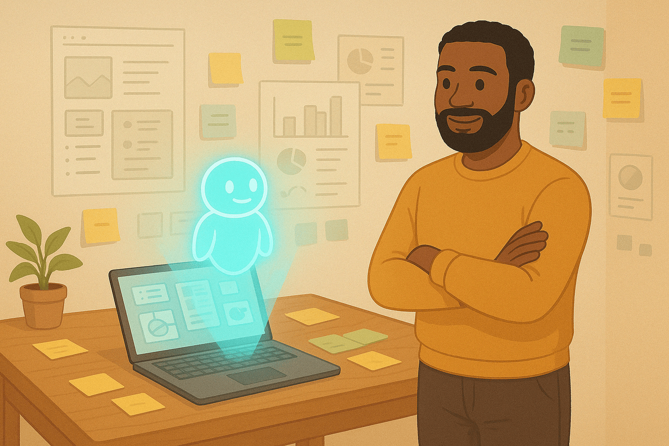 A product builder reviewing an AI-generated prototype on a laptop surrounded by research notes and product charts.