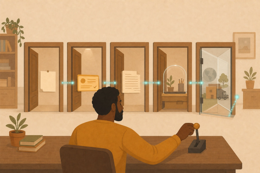 A product builder controls the final glass gate in a five-stage path while a teal AI light handles lower-risk tasks.