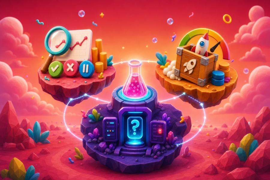 Three floating Product Lab game worlds connected around a glowing laboratory flask