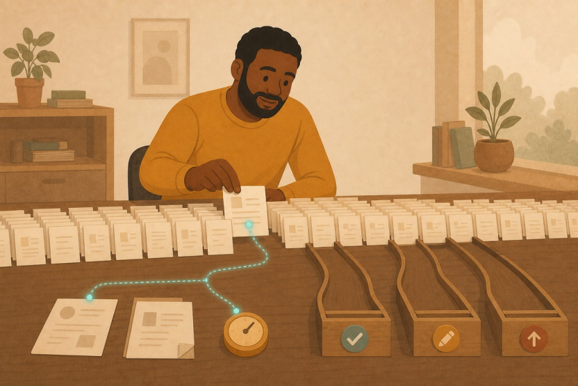 A product builder pulls one consequential paper case from a crowded queue and follows its evidence trail toward three human review paths.