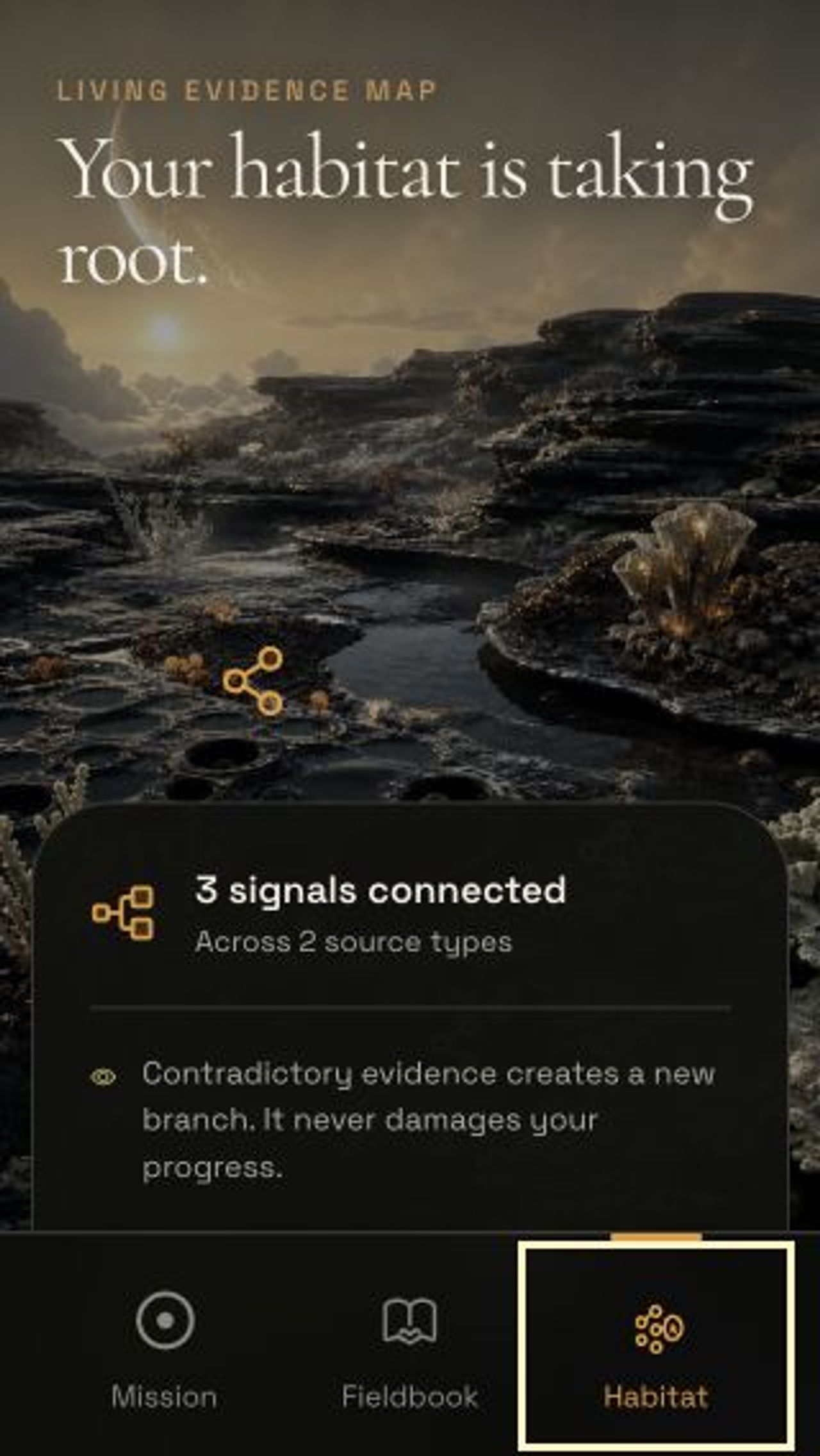 Living Fieldbook habitat screen showing three connected signals and a new evidence branch.