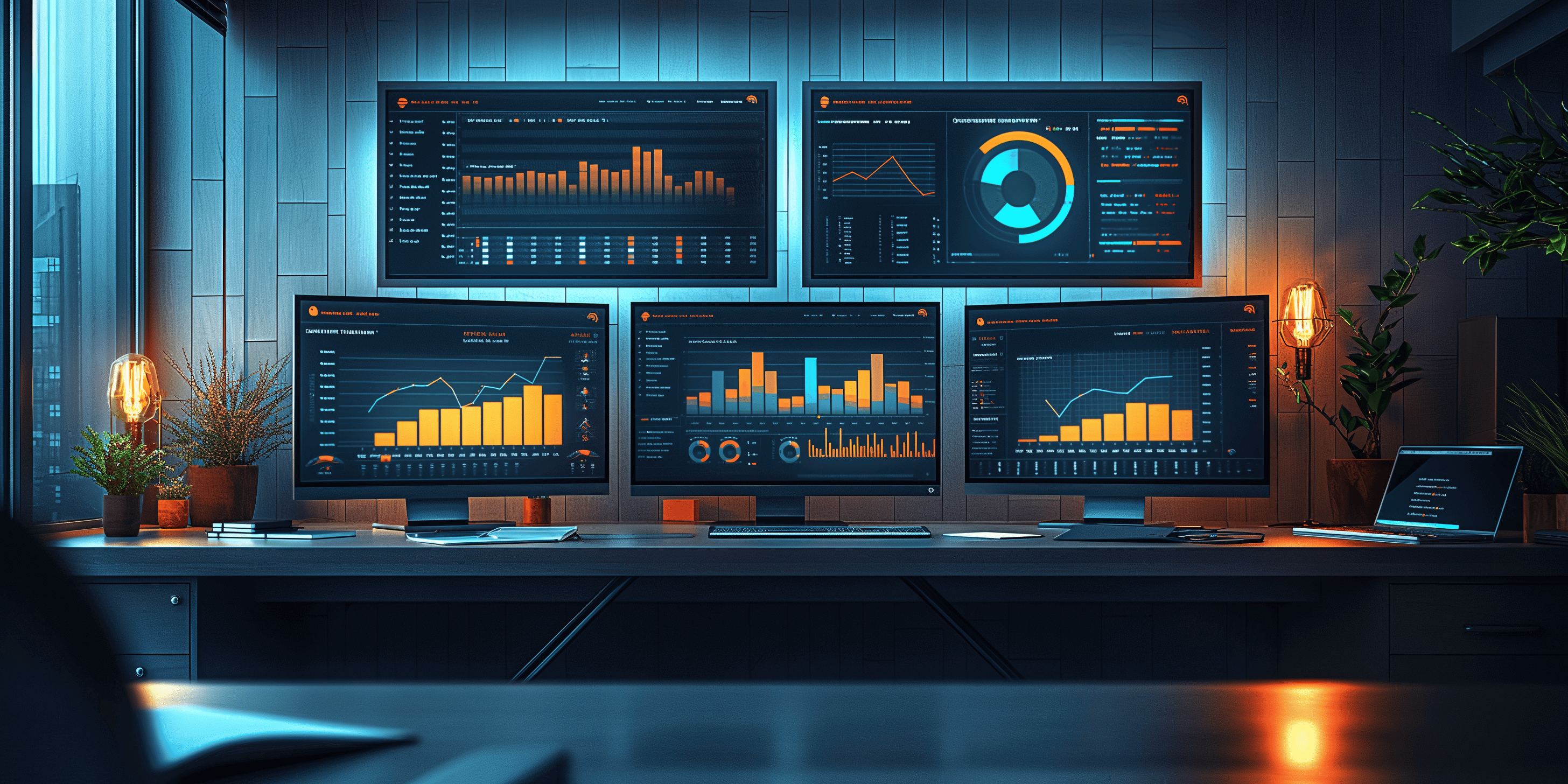 several computer monitors are displaying graphs and charts