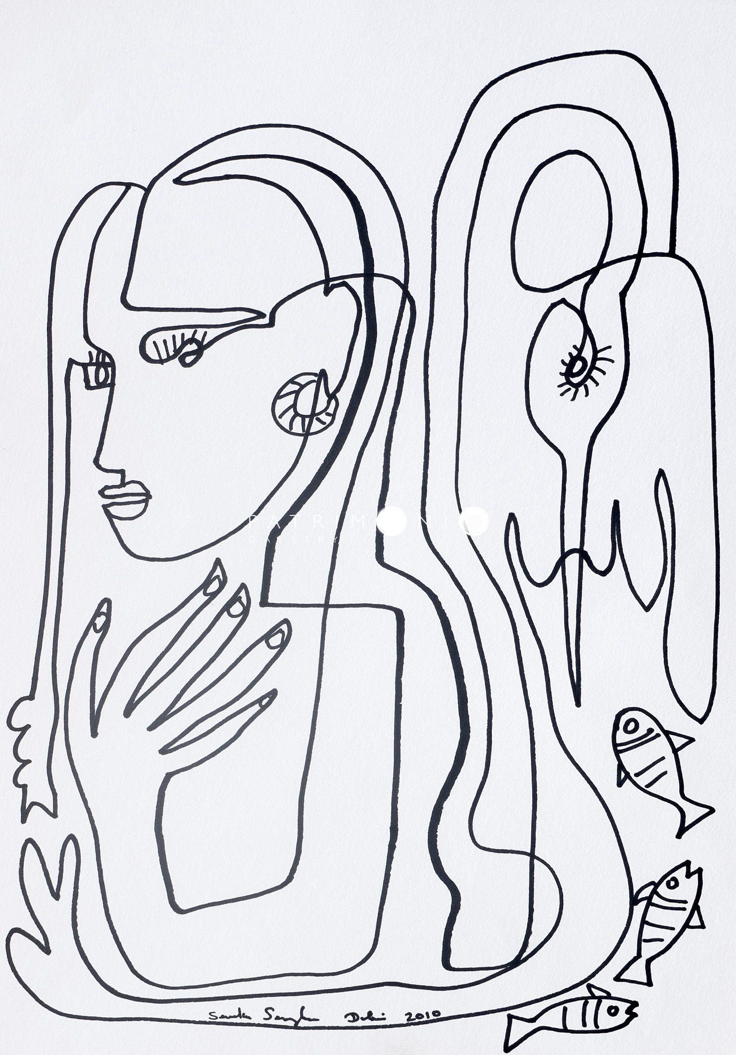 Line Drawing Woman & Bird
