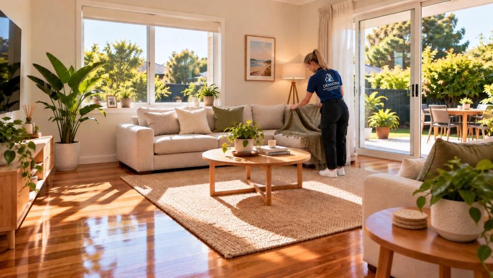 A cleaner straightening the throw on the sofa in a sunny lounge