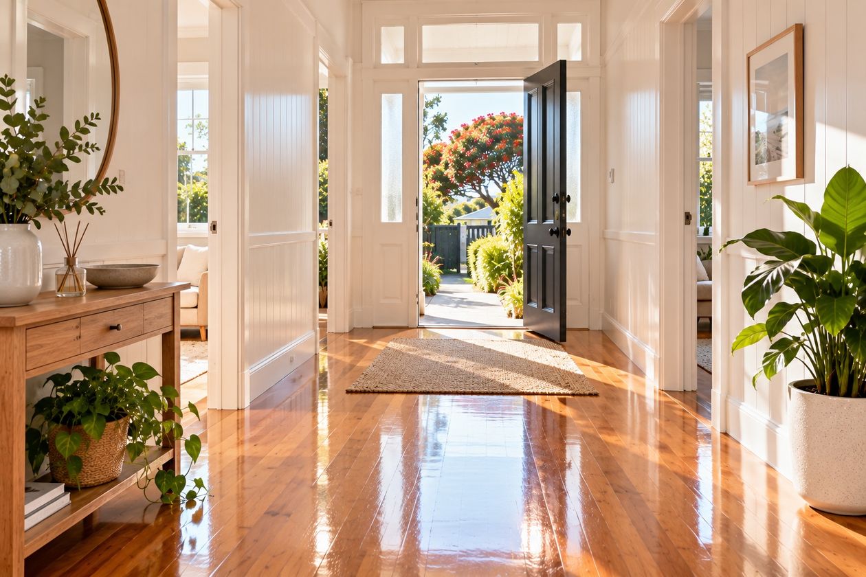 A clean, sunlit hallway with the front door open
