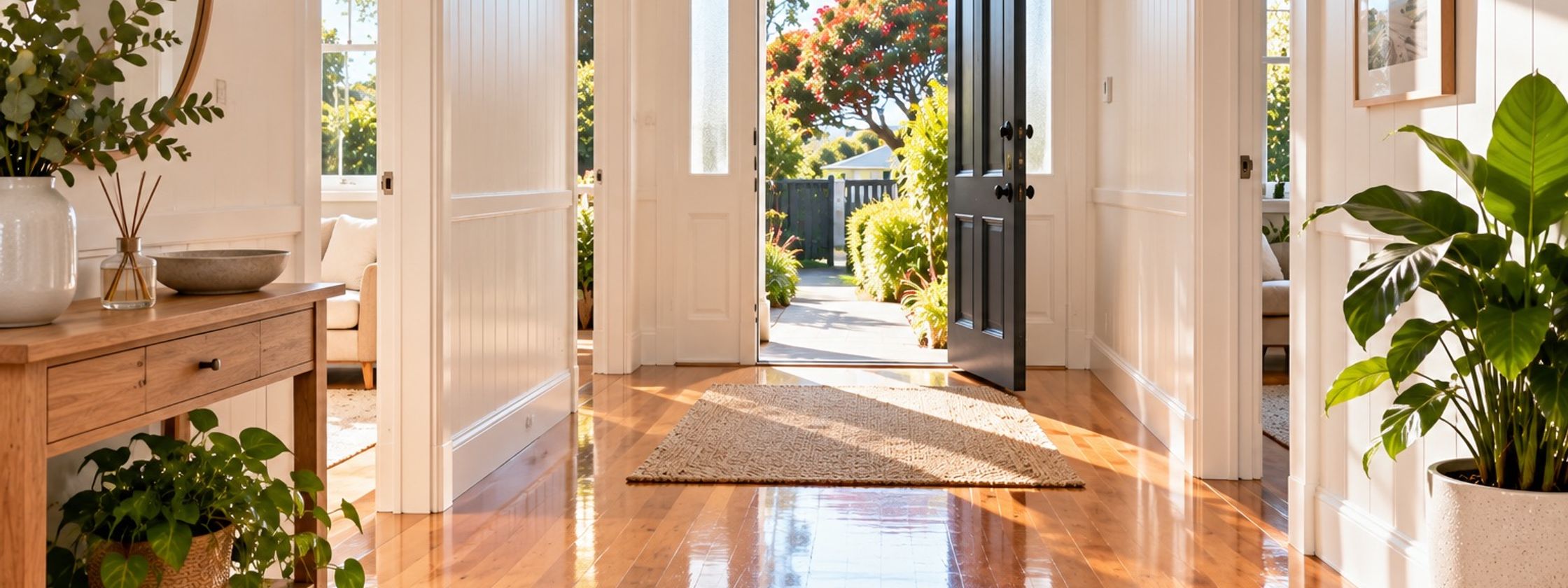 A clean, sunlit hallway with the front door open