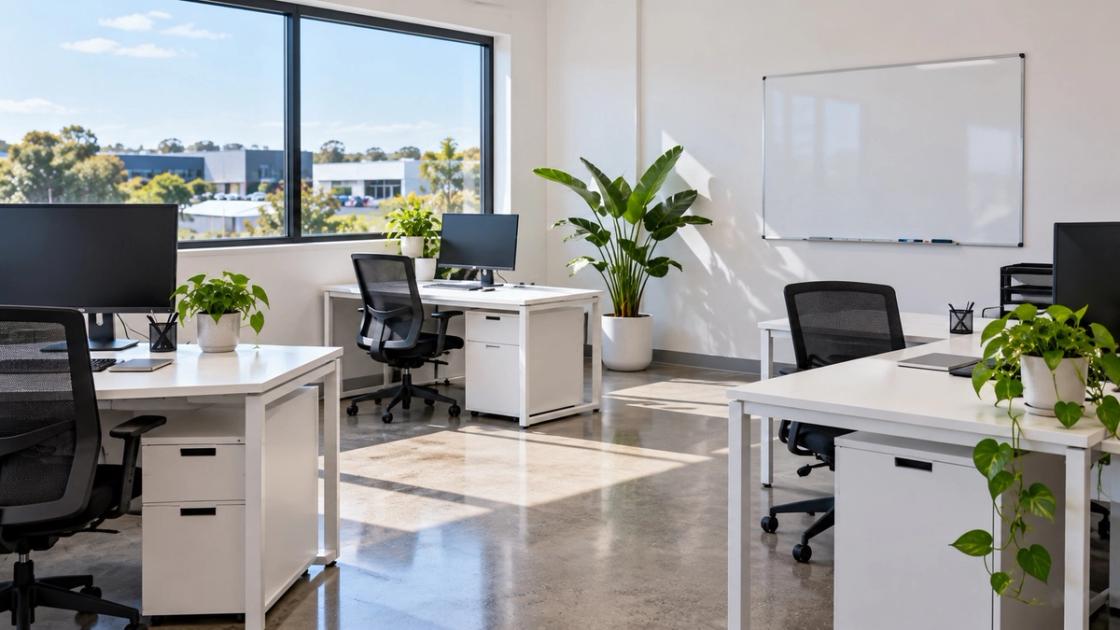 A spotless small office with empty desks