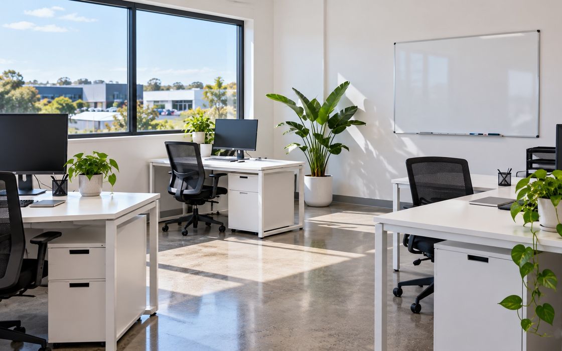 A spotless small office with empty desks