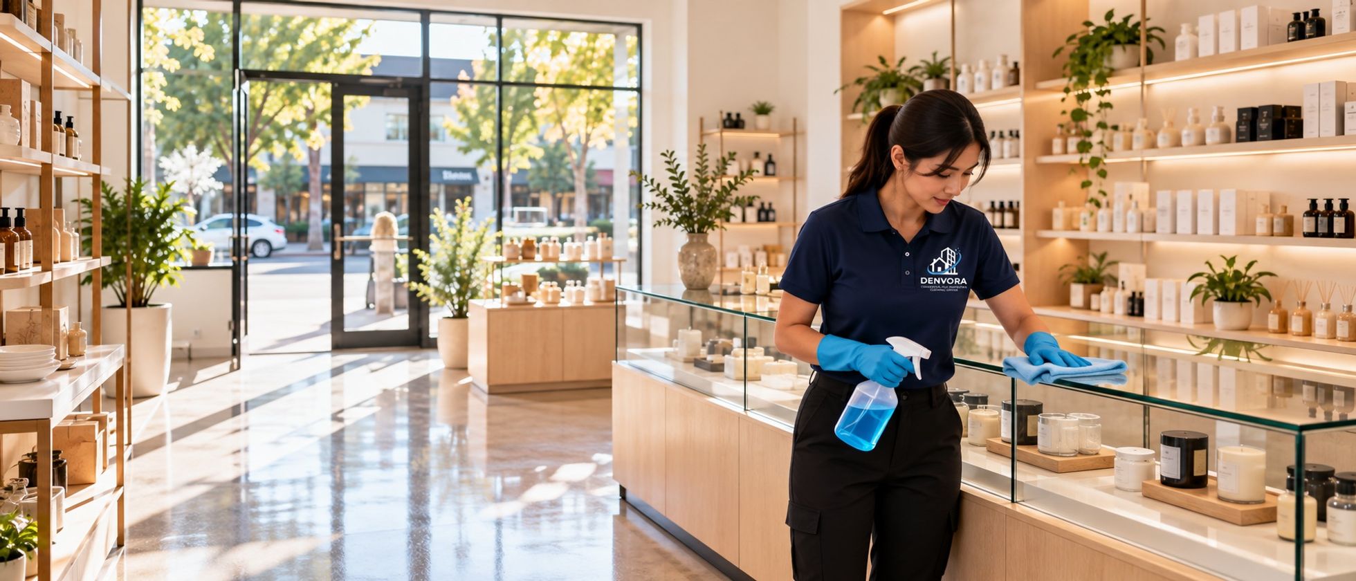 A cleaner wiping the glass counter of a bright retail shop