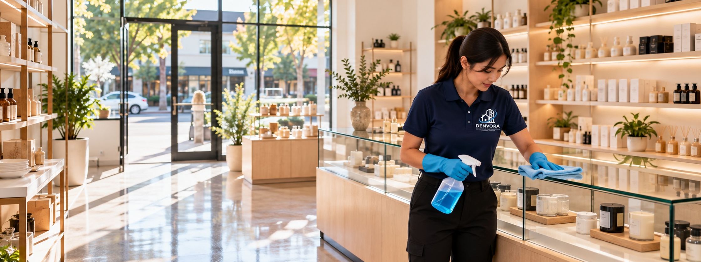 A cleaner wiping the glass counter of a bright retail shop