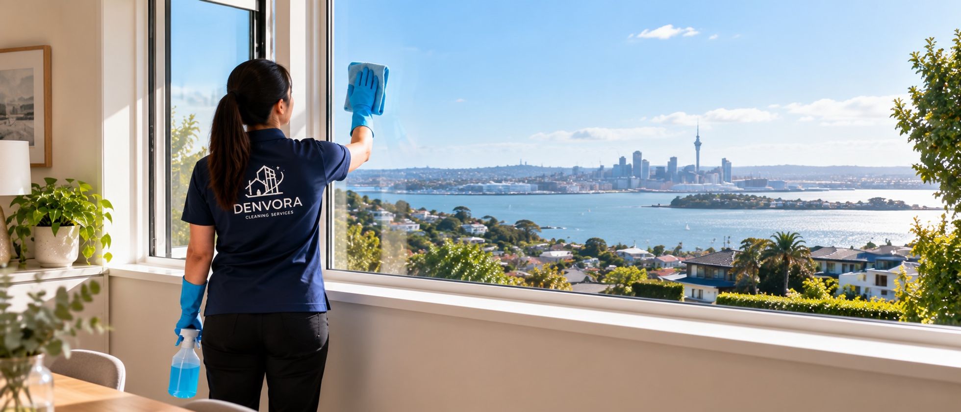 A cleaner washing a window with a view over the Auckland harbour