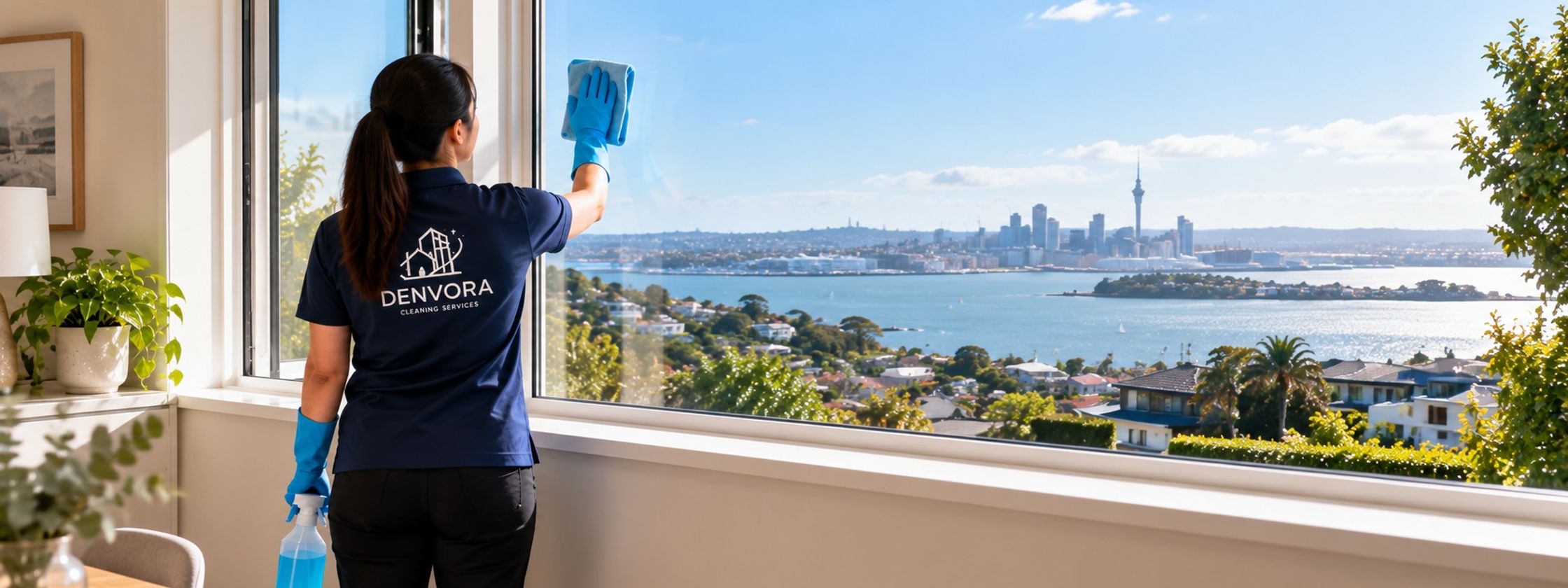 A cleaner washing a window with a view over the Auckland harbour