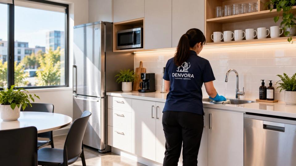 A cleaner wiping down an office staff kitchen
